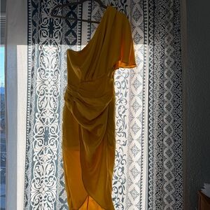 Do + Be Mustard Yellow One Shoulder Ruched Midi Dress Size S